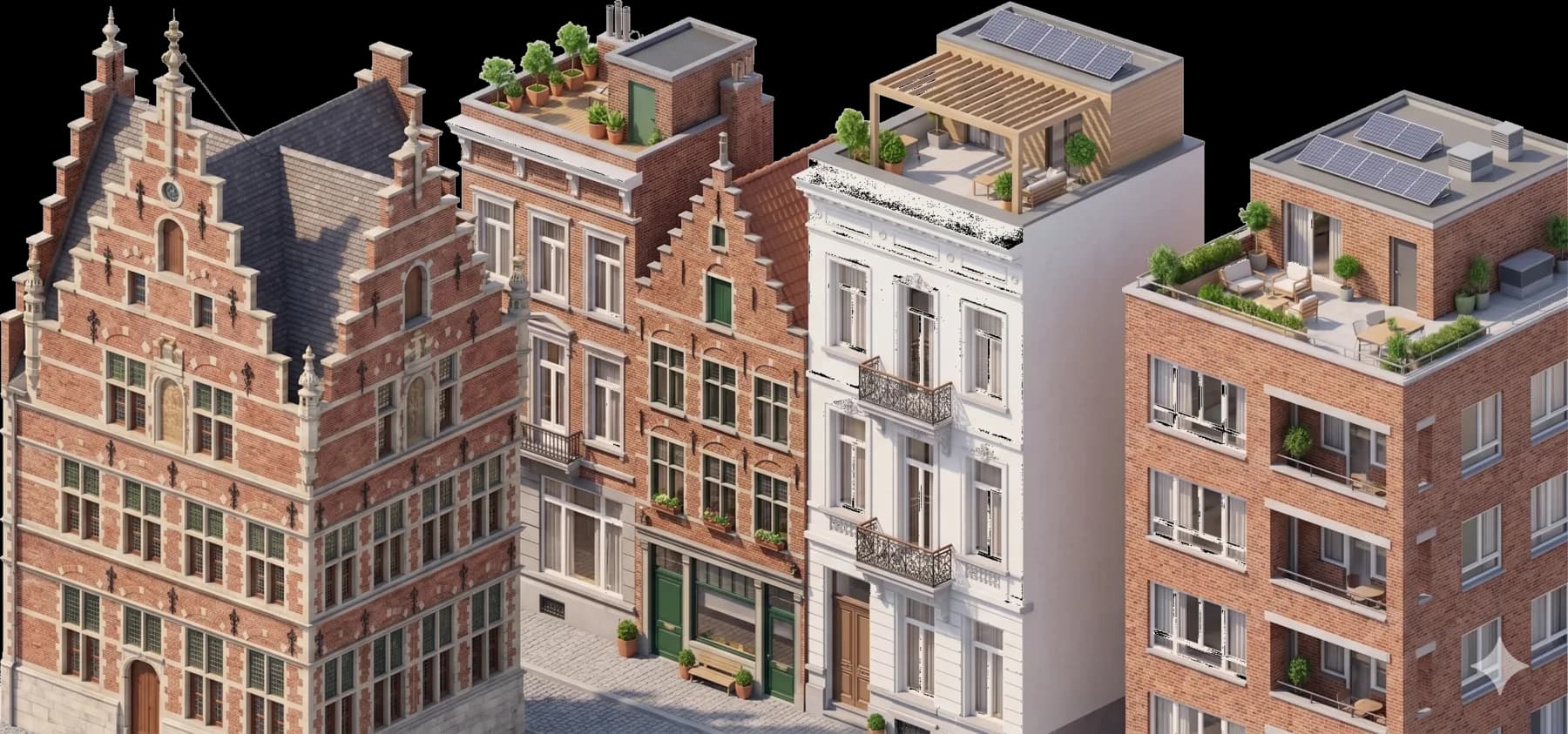 Belgische gevels — een rij Antwerpse herenhuizen, een wit pleisterhuis met balkon, en een modern appartement met dakterras en zonnepanelen