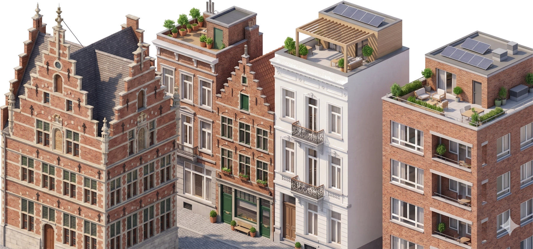 Belgische gevels — een rij Antwerpse herenhuizen, een wit pleisterhuis met balkon, en een modern appartement met dakterras en zonnepanelen